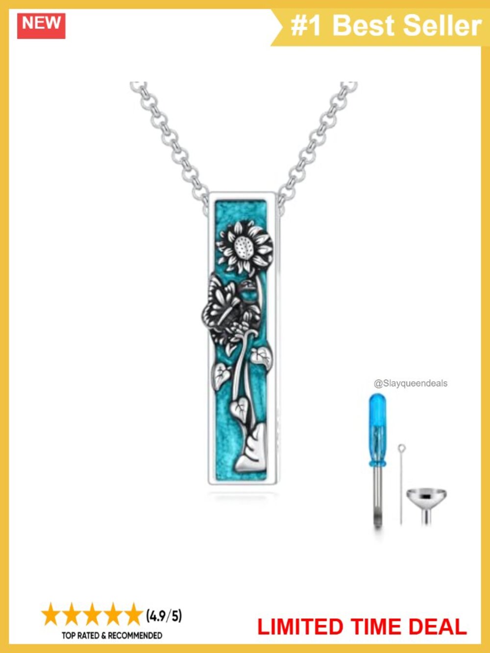 925 Sterling Silver Turquoise Urn Necklace Sunflower Butterfly Cremation Pendant